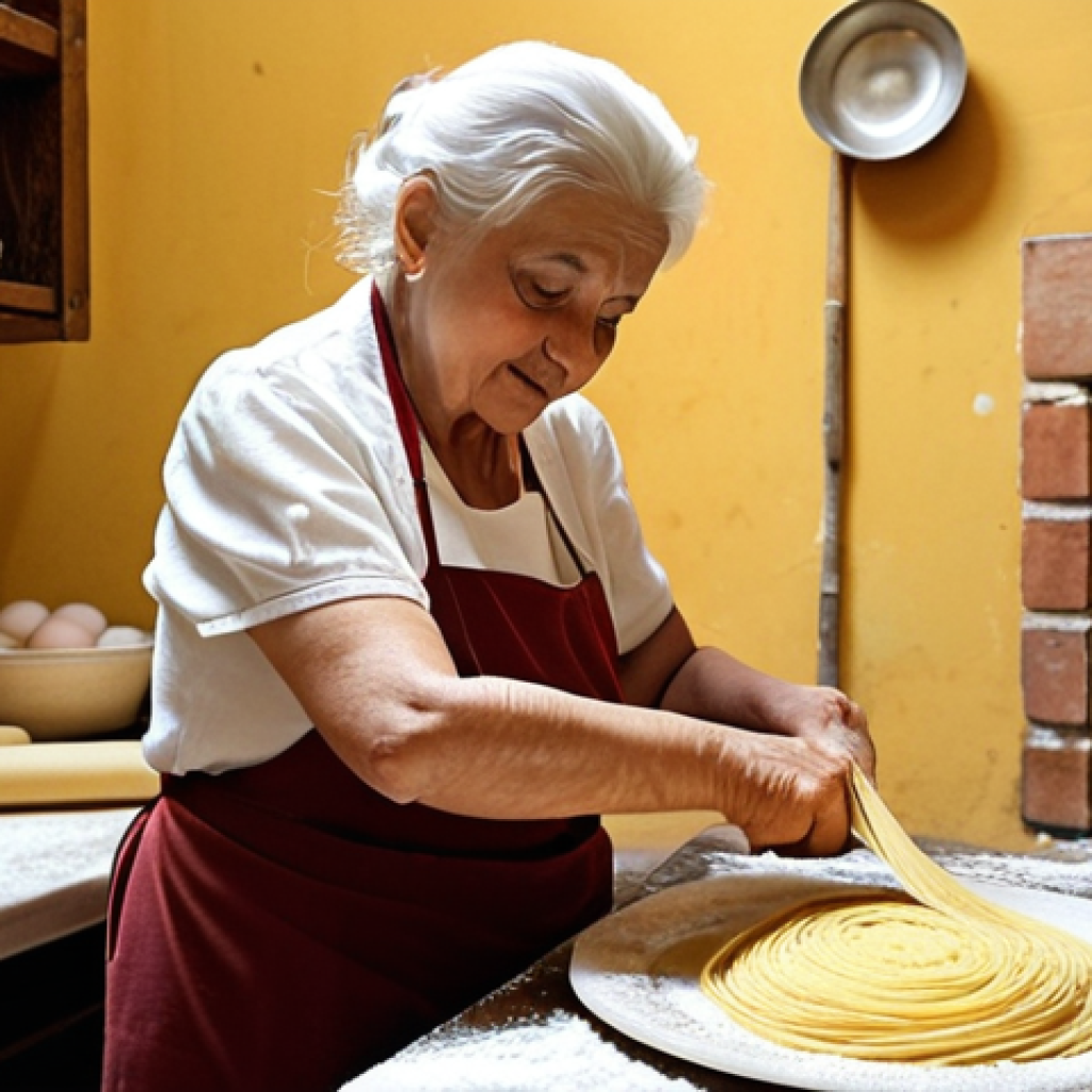 **

A picturesque scene inside a traditional Italian pasta-making kitchen. Focus on a "nonna" (grandmother) skillfully using a wooden rolling pin ("mattarello") to flatten fresh pasta dough. Flour dusts the air. Ingredients like "farina 00" and fresh eggs are visible. A warm, inviting atmosphere reflecting Italian culinary tradition.

**
