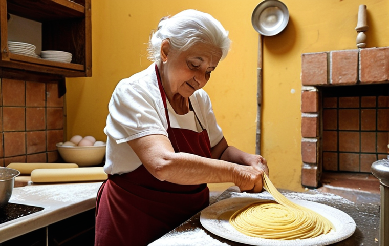 **
A picturesque scene inside a traditional Italian pasta-making kitchen. Focus on a "nonna" (grandmother) skillfully using a wooden rolling pin ("mattarello") to flatten fresh pasta dough. Flour dusts the air. Ingredients like "farina 00" and fresh eggs are visible. A warm, inviting atmosphere reflecting Italian culinary tradition.
**