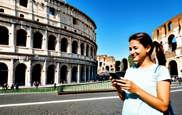 Google Maps Navigation**
"A fully clothed tourist, professional and happy, using Google Maps on their smartphone while standing in front of the Colosseum in Rome, Italy. Modest clothing, safe for work, appropriate content, perfect anatomy, correct proportions, well-formed hands, natural pose, daytime, sunny weather, professional photography, high quality."
**